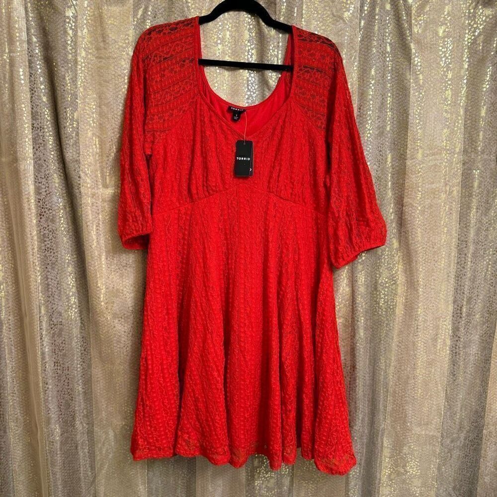 Torrid Red Long Sleeve Mini Lace Fit And Flare Dress Size 1x 14-16 NWT